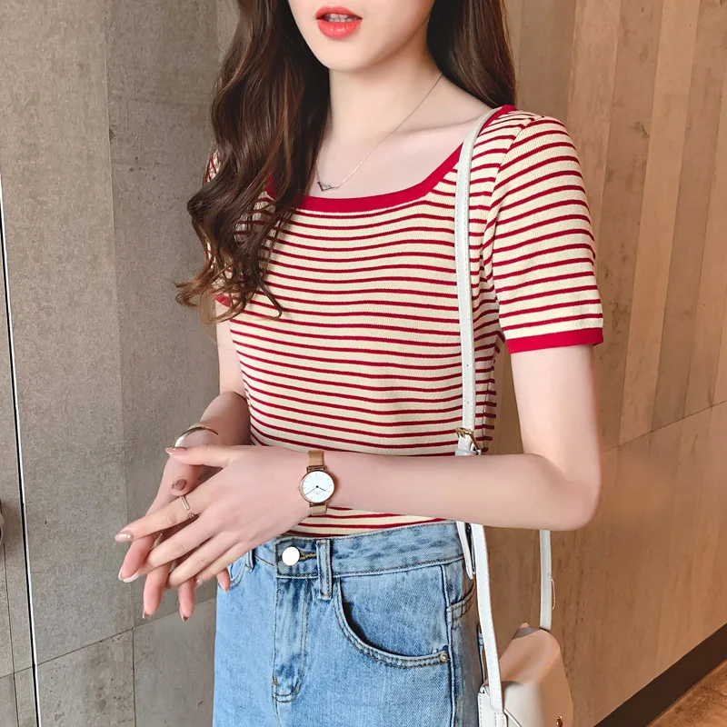 

Women Casual Short Sleeve Knitted T-shirt Fashion Stripe Summer Tops