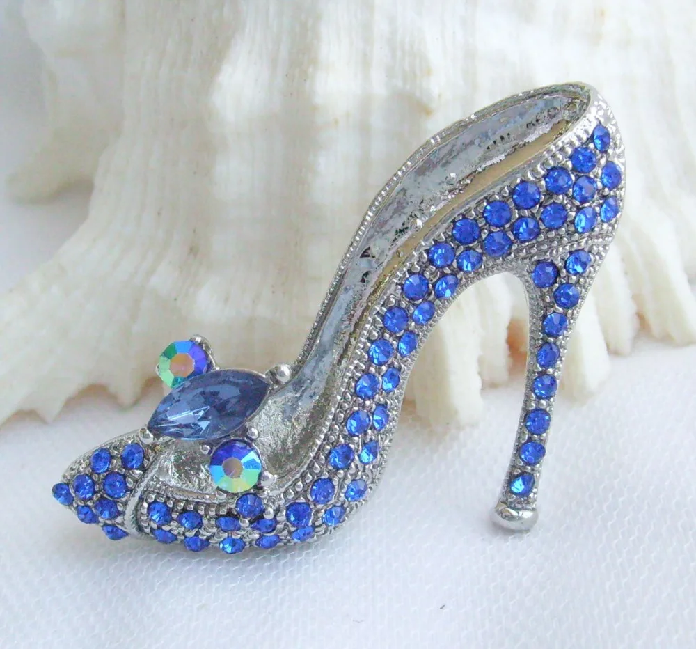 Серебряный тон Очаровательная на высоком каблуке брошь для обуви Pin w синий