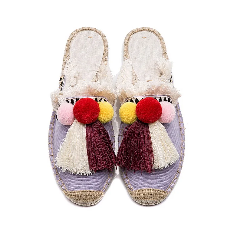 Violet Pompom Mule Insta уличные Стиль Шлёпанцы обувь, женские эспадрильи летние сандалии с помпонами в Для женщин Красочные Ленточки пляжные босоножки на каблуках для женщин - Цвет: Violet Pompom Mule