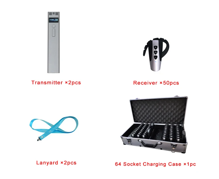 Беспроводная система экскурсовода (2 ручных передатчика + 50 приемников с крючковыми наушниками и зарядным устройством) / Bluetooth наушники-вкладыши в комплекте.