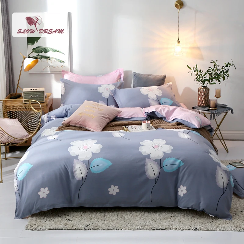 Серый пододеяльник медленной мечты покрывало в Цветочки розовый плоский лист