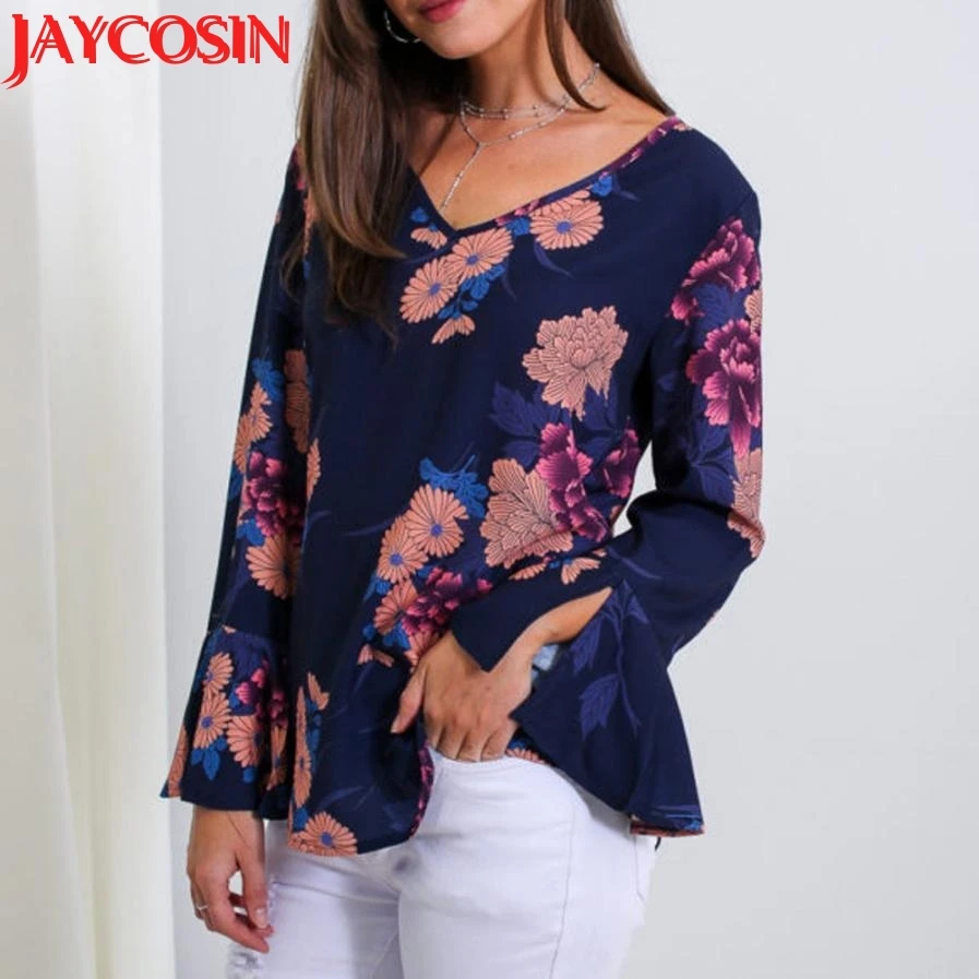2018 Футболка женская Праздничная Цветочная печать длинный рукав v образный вырез
