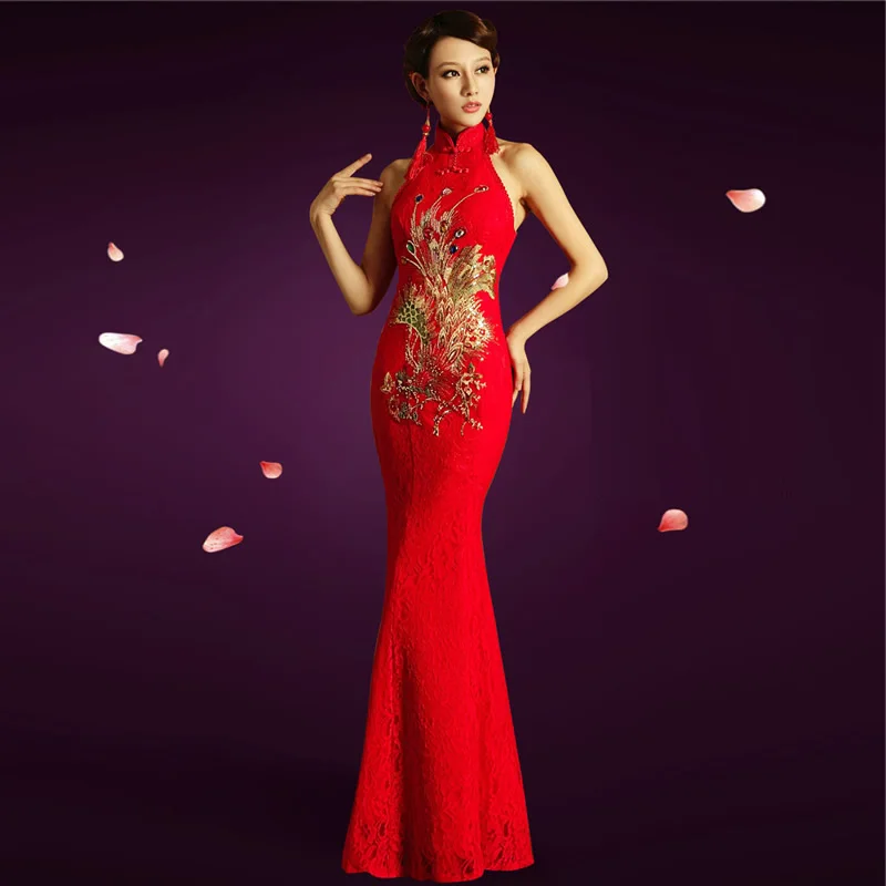 Женское кружевное платье-Ципао с вышивкой Феникс красное свадебное платье