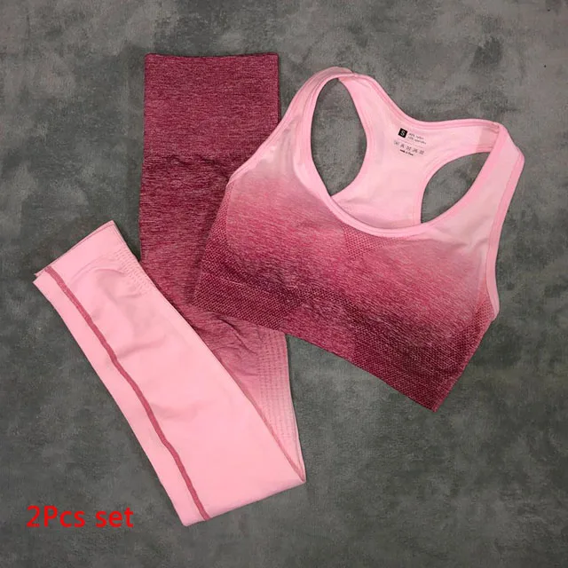 Rose red 2Pcs set 2 шт./компл. Йога Комплект спортивная одежда эффектом деграде(переход от темного к спортивный бюстгальтер Бесшовные Леггинсы спортивный костюм Для женщин Фитнес набор для ношения при активном образе жизни - Цвет: Rose red 2Pcs set