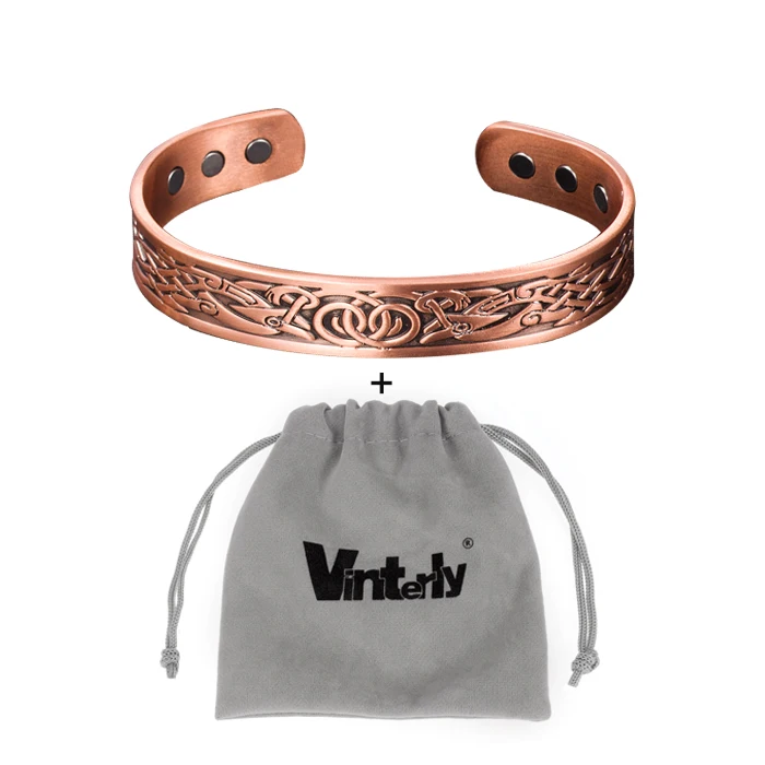 with bag Vinterly браслет из чистой меди мужской энергетический Магнитный Регулируемый Браслет-манжета Femme винтажные Viking широкие браслеты на запястье для женщин - Окраска металла: with bag