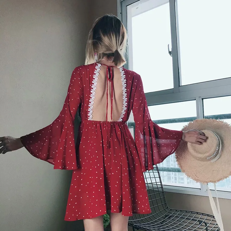 Женское повседневное шифоновое Летнее мини платье с принтом расклешенный рукав