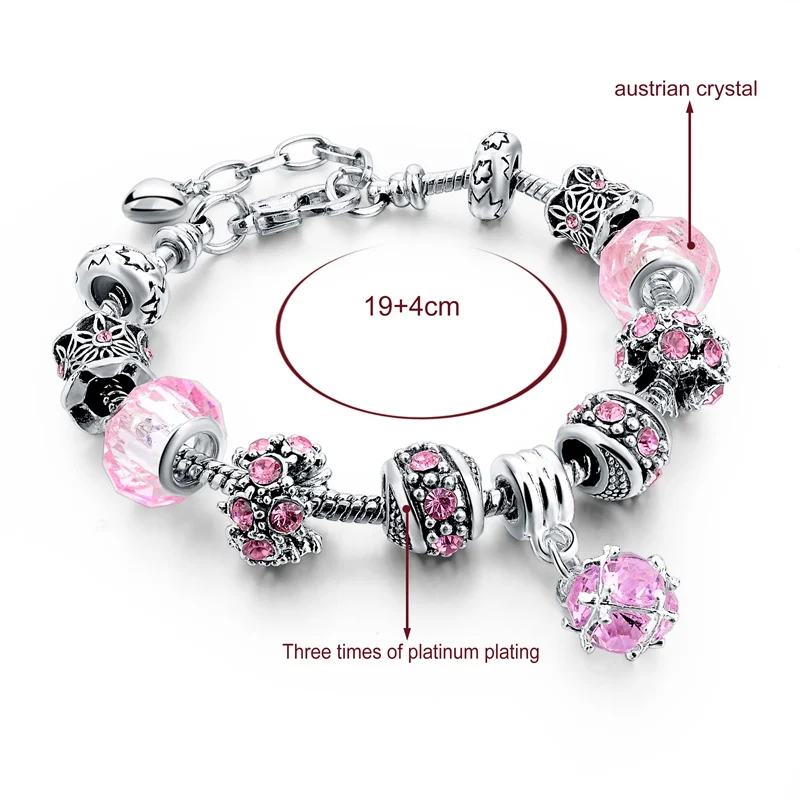 Женский серебряный браслет Szelam розового/синего/фиолетового цвета с подвесками