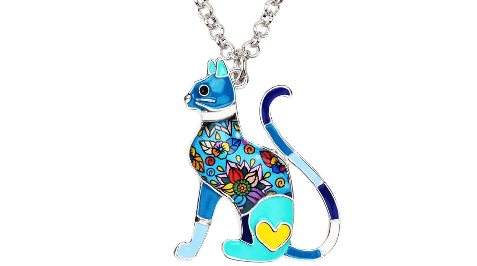 Bonsny Enamel Alloy Elegant Floral Kitten Cat Necklace Pendant Collar Fashion Animal Jewelry For Women Girl Lady Pet Lovers Gift