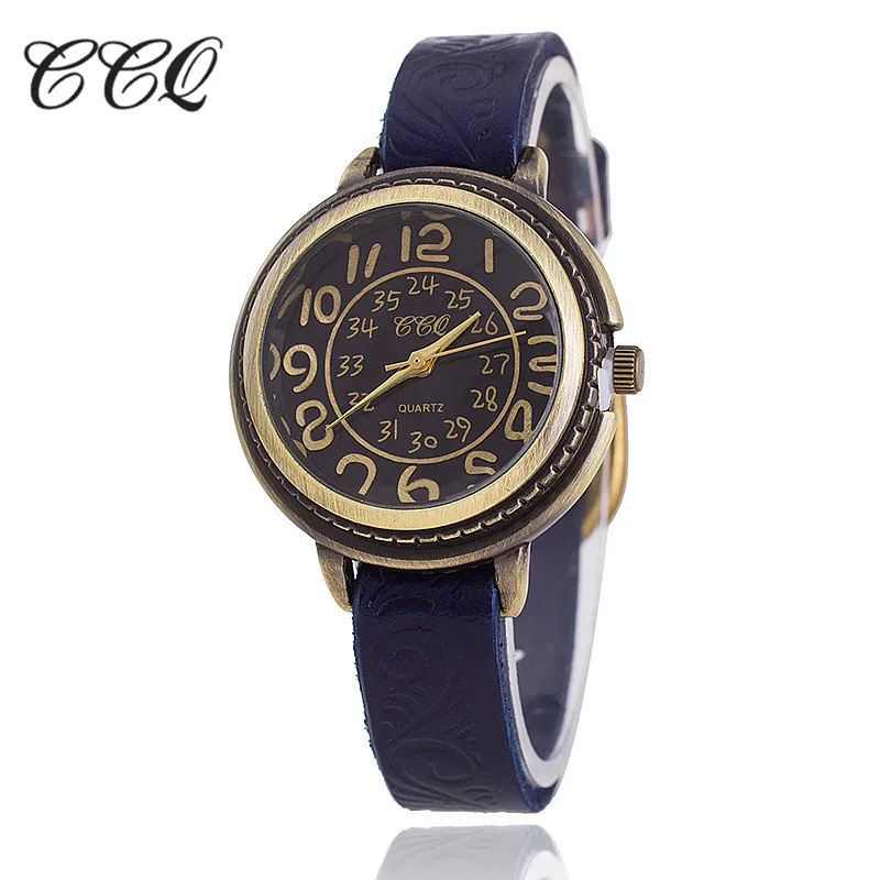 CCQ Марка Винтаж Корова Кожаный Браслет Смотреть Женщин Цветочной Гравировкой