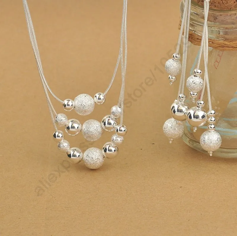 

Crystal 925 Sterling Silver Woman Jewelry Set Fashion 3 Layered With Charming Beads Balls Necklace Dangle Earrings