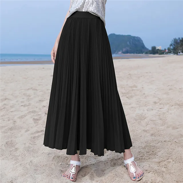 C4 Summer Long Skirts Womens High Waist Vintage Boho Pleated Skirts Solid Color Chiffon Beach Maxi Skirt For Women Saia Faldas - Цвет: C4