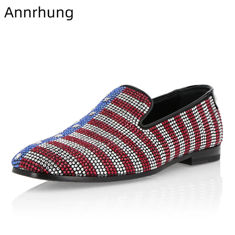 New Fashion Striped Rhinestone Shoes Men Flat Loafers Mixed Color Drill Mens Casual Shoes Classic Zapatos De Hombre
