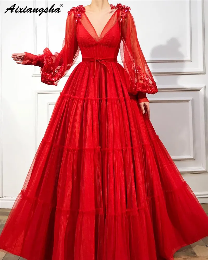 Vestidos элегантное Красное длинное вечернее платье кружевное платье трапециевидной формы с v-образным вырезом и рукавами длиной до пола вечернее официальное платье платья для выпускного вечера - Цвет: As image