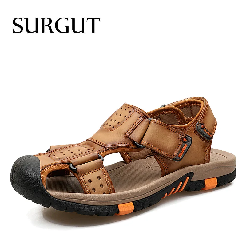 Light Brown Мужские дышащие пляжные босоножки SURGUT, темно-коричневые сандалии на резиновой подошве, повседневные тапки из натуральной кожи, обувь 38-45 размеров для лета - Цвет: Light Brown