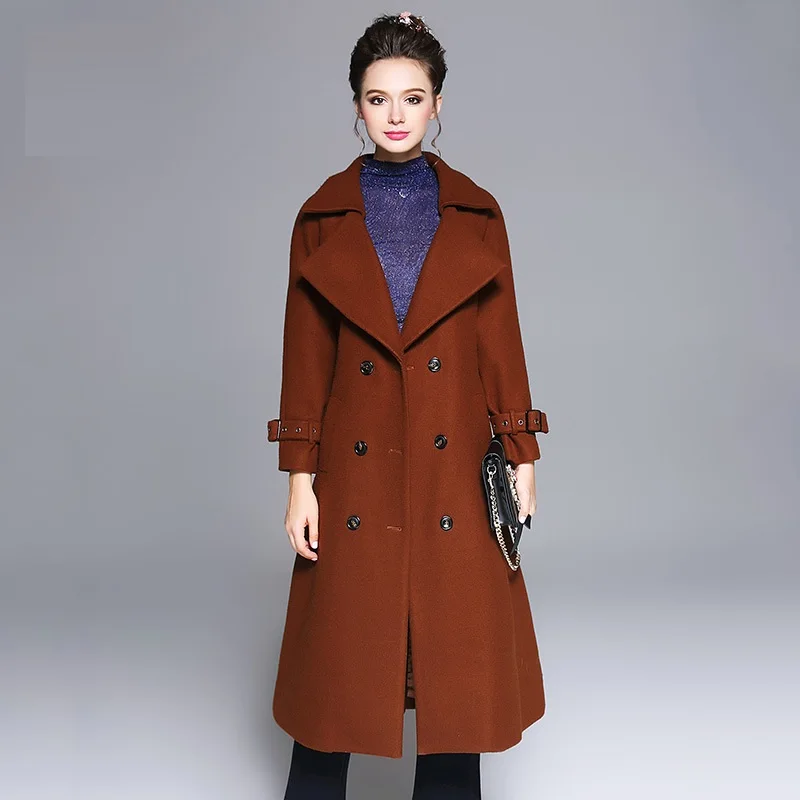 2017 Модные женские длинные шерстяное пальто с отложным воротником бушлат