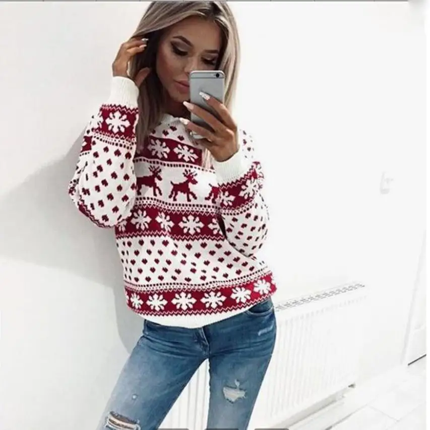 MIARH Women Sweater Christmas Red deer and maple leaf pattern Snowflake Printed shirts Long Sleeve Casual Crochet Pullover Mujer | Женская