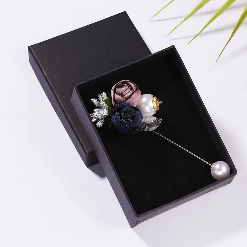 grey box Ткань цветок длинная игла Брошь булавка двойной цветок жемчуг шарф рубашка бутоньерка на лацкан значок Свадебные украшения для женщин подарок - Окраска металла: grey box