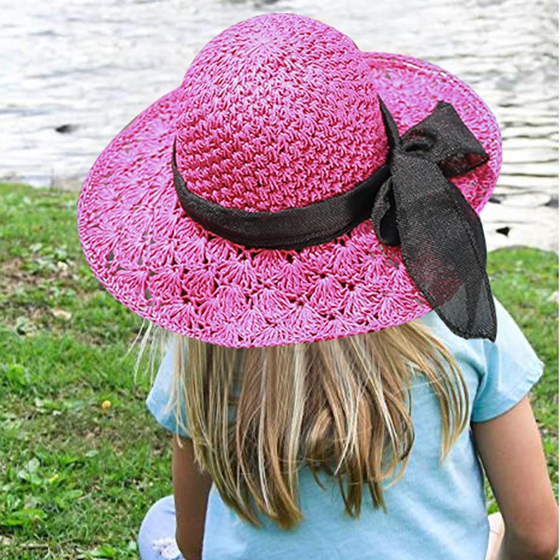 

Cute Child Girls Straw Hat Bowknot Sun Hat Kids Large Brim Beach Summer Boater Beach Ribbon Round Flat Top Fedora Hat 52CM