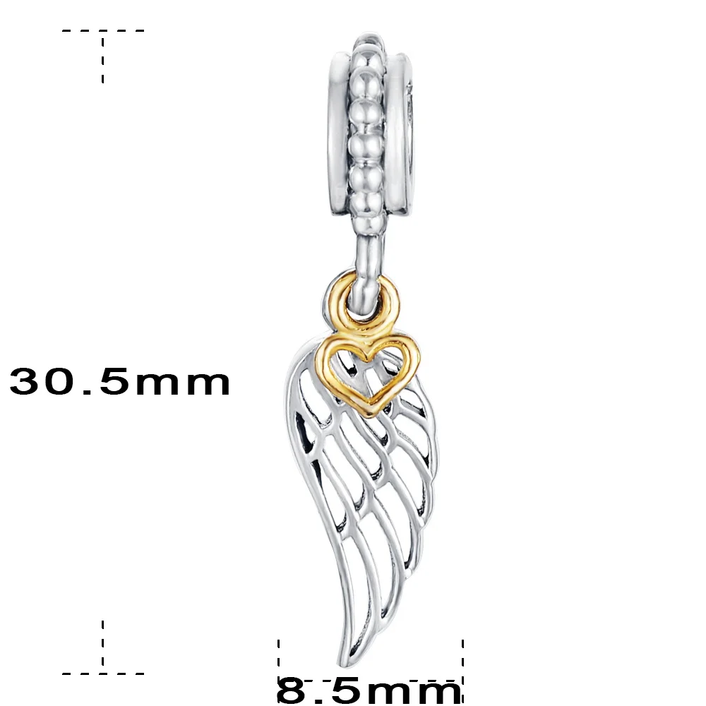 Suplush Silver Angle Wing With Gold Color Heart Dangle Charm Beads Fit Bracelet Pendant 925 Sterling Jewelry PSMB0307 |