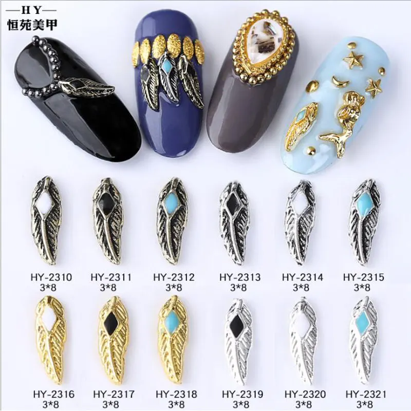 

50PCS Metallic Gold and Silver Feather Nail Sticking Retro Oil Feather Leaf Alloy Feather Nail Sticking and Drilling