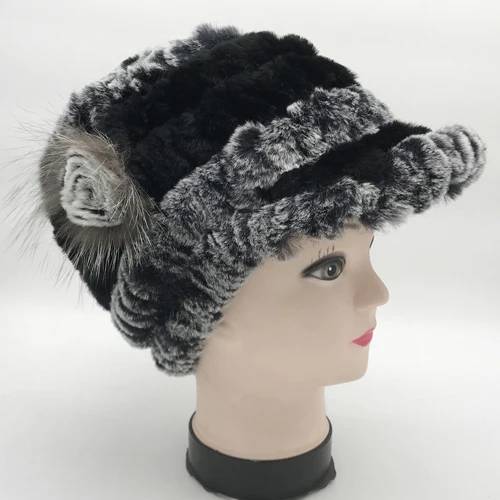 grey and black Новые зимние женские полосатые и цветочные натуральные шапки из меха кролика рекс вязаная русская натуральная шапка из меха кролика рекс теплая Женская шапка из натурального меха - Цвет: grey and black