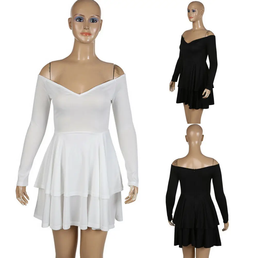 Женское однотонное Двухслойное короткое платье с открытыми плечами вечернее