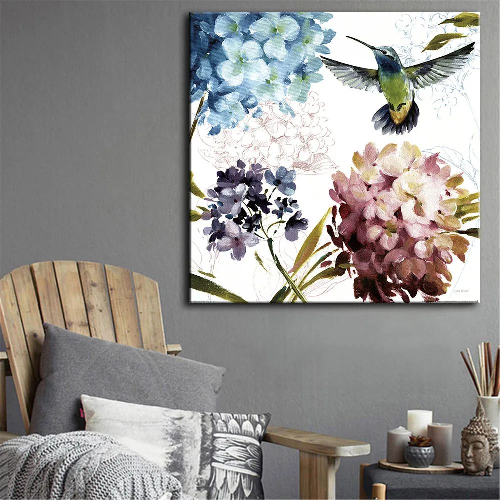 2 шт./компл. картина с цветами холст печать абстрактная Гортензия и птица