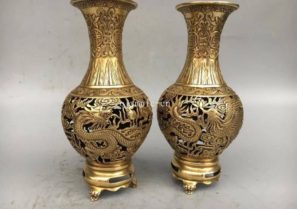 

10'' Pair copper brass hollowed-out work carved dragon phoenix home decor vase