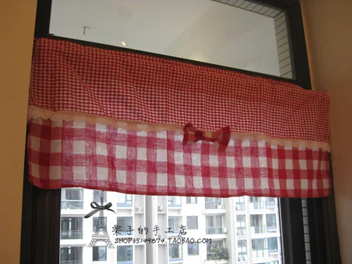 

Free shipping cute red plaid bow stitching rustic kitchen curtains for living room bedroom coffee curtain 85*30/50cm customized