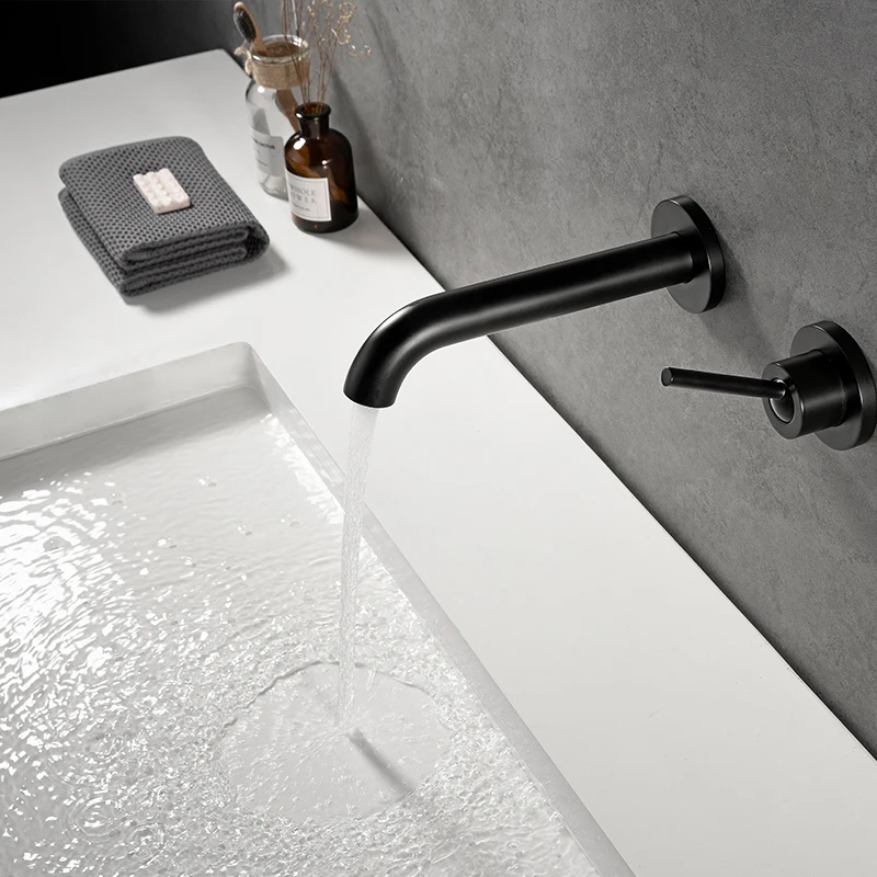 Matte Black Brass Wall Mounted Basin Faucet Single Handle Bathroom Mixer Tap Hot Cold Sink Rotation Spout | Обустройство дома