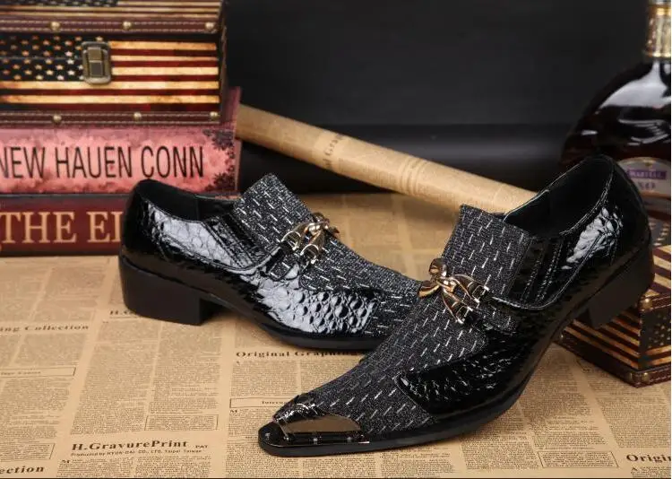 Slip-on Pointed toes Oxfords Genuine Leather Men's Dress Shoes Patchwork Polka Dot Metal Buckle Height Increasing Smart Casual | Обувь