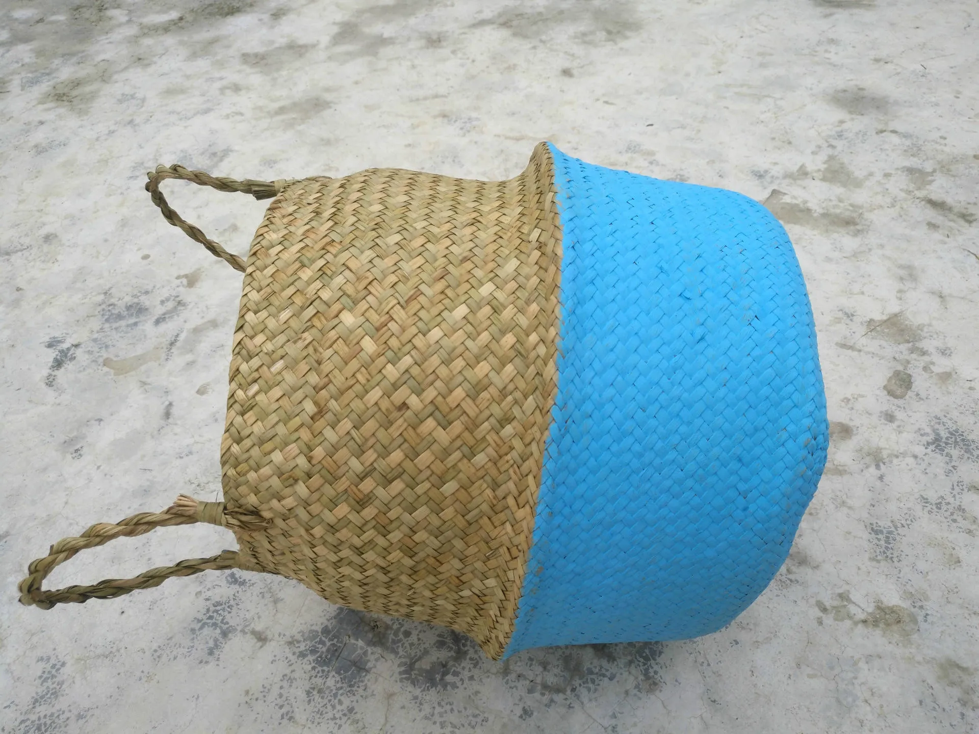 Seagrass корзина для хранения живота ручной работы соломенный Органайзер горшок для растений половина Черный сад цветочный горшок детские горшки ручка сумка - Цвет: Небесно-голубой