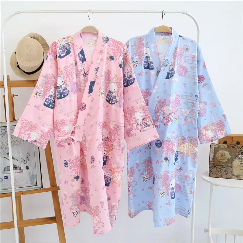 Летняя женская одежда для сна, хлопок, газовое кимоно, цветущая вишня и Кролик, длинные халаты, домашняя одежда, платья, 20 видов стилей, женское платье