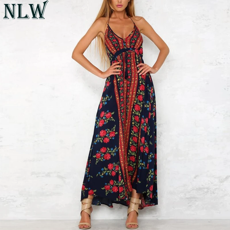 NLW Boho печати Макси платье с v-образным вырезом Холтер женское летнее длинное 2018
