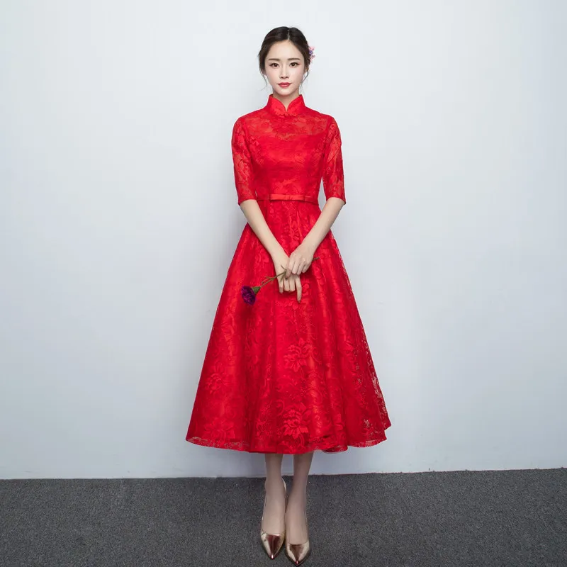 Шампанское невесты кружево платье Qipao женские вечерние платья Винтаж Cheongsam для женщин короткие современные