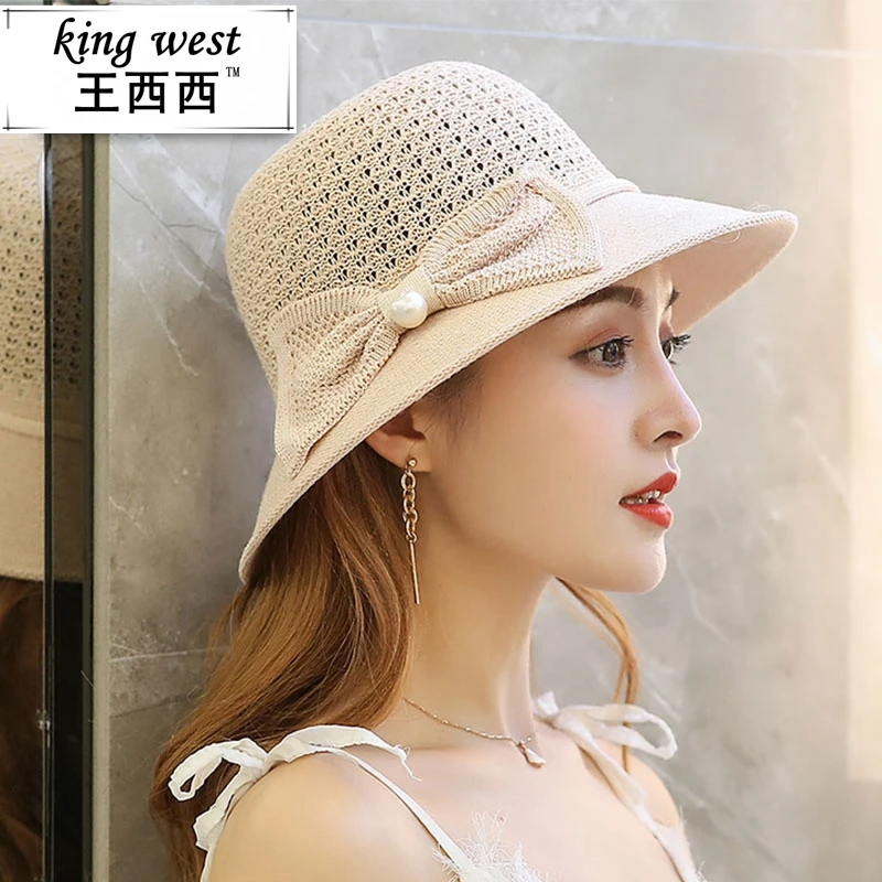 

2020big pearl sunshade hat with windproof rope Summer new bow cool hat ladies outdoor sunscreen beach basin cap