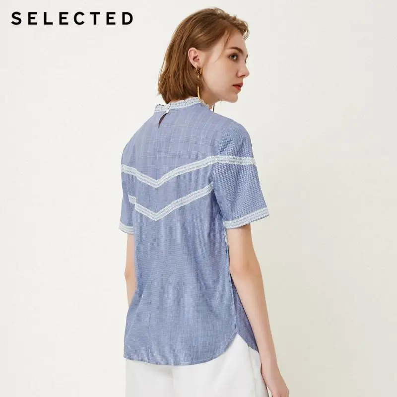 SELECTED Women's 100% Cotton Stripe Lace Splice Mock Neck Short-sleeved Shirt SIG|4183W3504 |