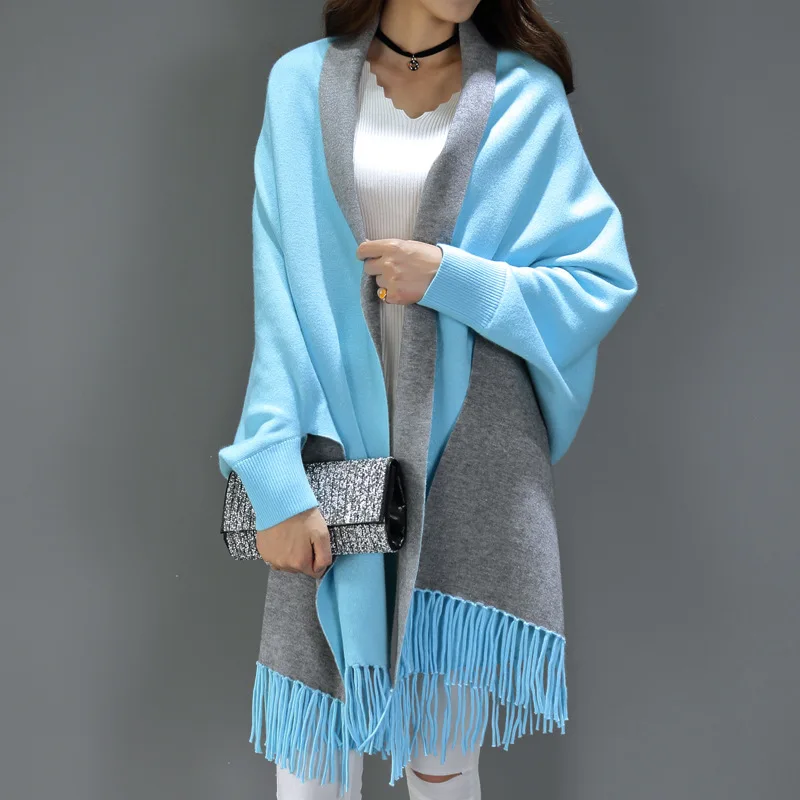 Sky blue and grey Черный серый шарф зимний большой женский кашемировый шарф с длинным рукавом Многоцелевой платок рукав летучая мышь накидка echarpe hiver femme 195 см - Цвет: Sky blue and grey