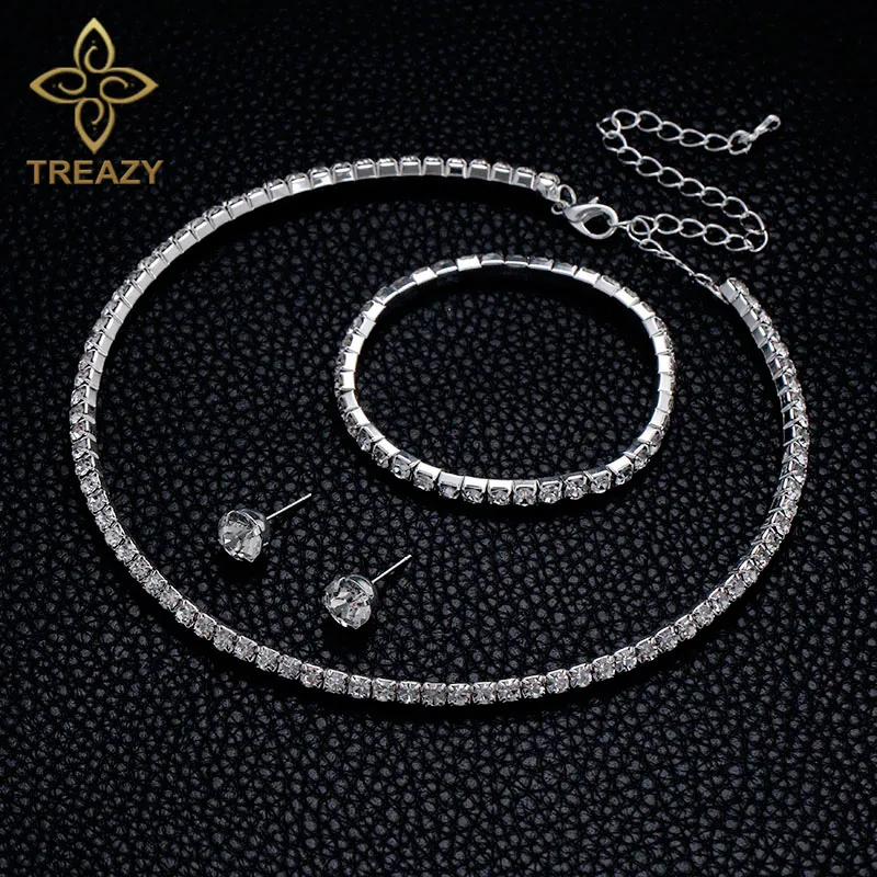 TREAZY Circle Crystal Bridesmaid Bridal Jewelry Sets Silver Color Rhinestone Wedding Necklace Earrings Bracelet for Women | Украшения и