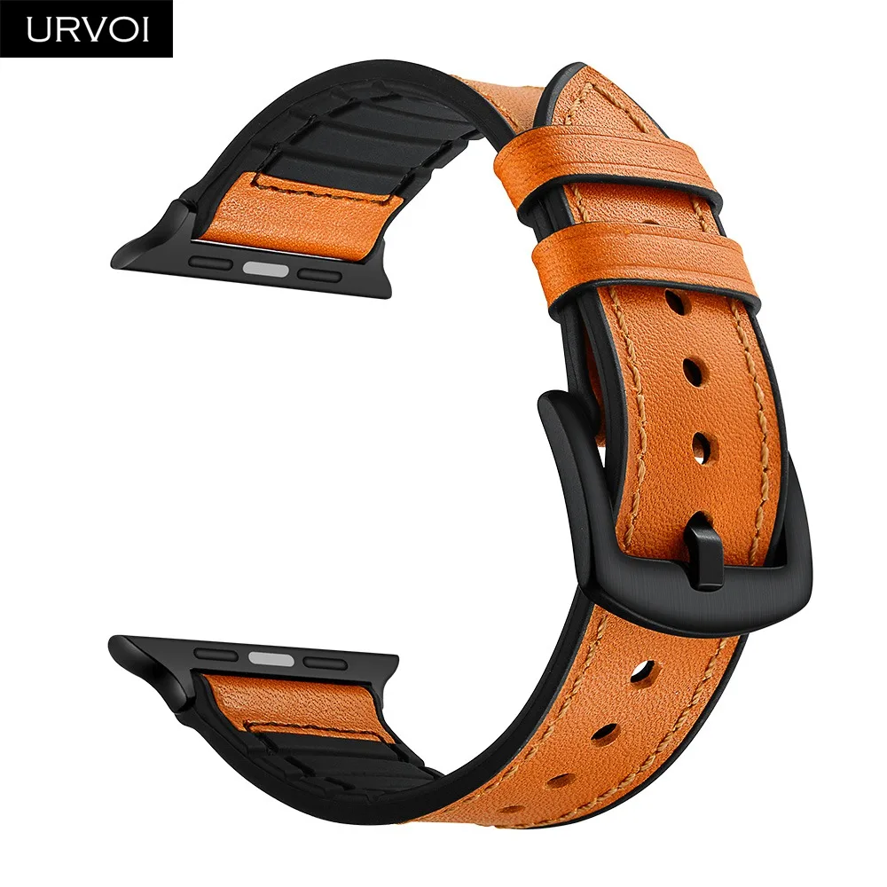 URVOI кожаный ремешок для apple watch, серия 4, 3, 2, 1, ремешок для iwatch, Силиконовая задняя камуфляжная черная пряжка, ретро кожаный ремешок - Цвет ремешка: Tan