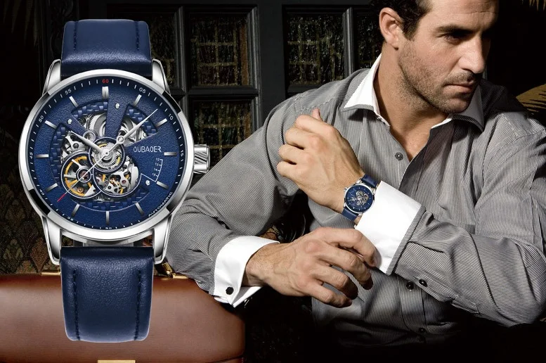 Роскошные модные автоматические механические кожаные мужские часы OUBAOER топ