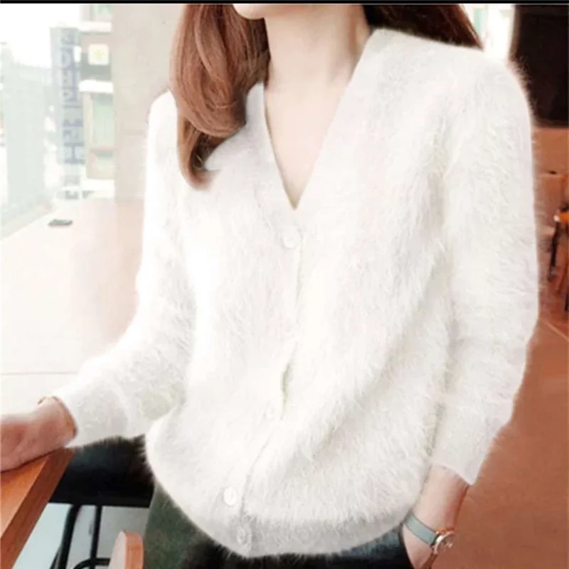 

JSXDHK Newest Fashion Women Mink Cashmere Sweater Cardigans Korean Winter Gray Thick Single Breasted Knitted Sexy V Neck Jacket