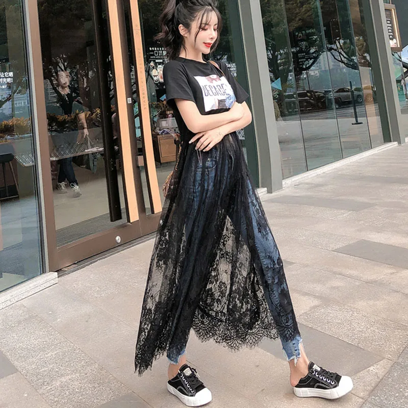 Большие размеры женское кружевное платье лето 2019 красивая хлопковая футболка с