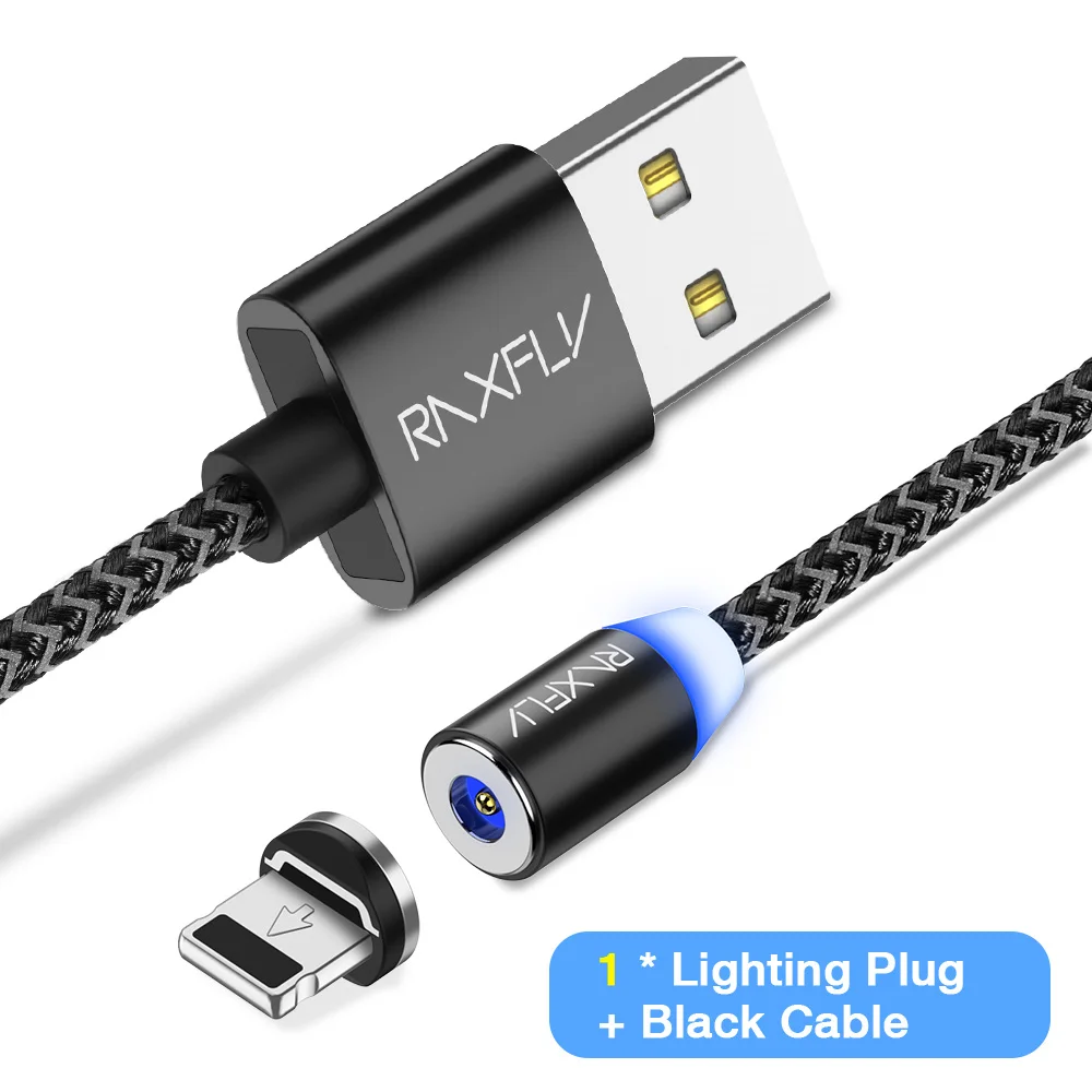 1 Plug Black Cable RAXFLY Магнитный зарядный кабель Lightning для iPhone X XS 8 плюс магнит Зарядное устройство USB кабель с разъемом микро-USB типа C для One Plus 6 магнитные зарядки магнитная зарядка магнитный кабель зарядка на магните - Цвет: 1 Plug Black Cable