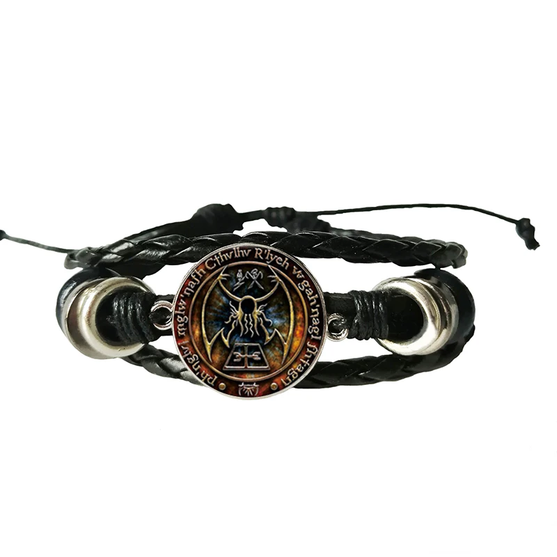 

Antique Bracelet VINTAGE Seal Zodiac Witchcraft Glass Leather Bracelet Crescent Vintage Black Bracelet Jewelry