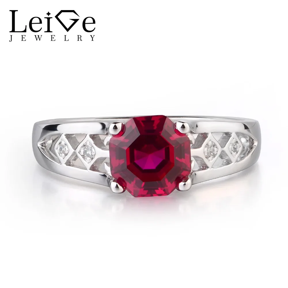 

Leige Jewelry Lab Created Ruby Solid 925 Sterling Silver July Birthstone Octagon Cut Engagement Rings For Woman