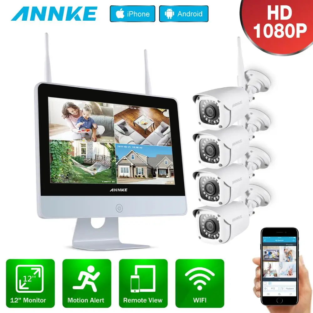 ANNKE 8CH FHD Wi-Fi Wireless NVR CCTV System 4pcs 1080P IP Camera WIFI Outdoor Waterproof CCTV Security Camera Surveillance Kit