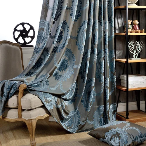 Black Blue Европейские шторы, флокированные жаккардовые тюлевые занавески, зеленые коричневые синие бархатные занавески для гостиной, роскошные занавески для спальни - Цвет: Black Blue