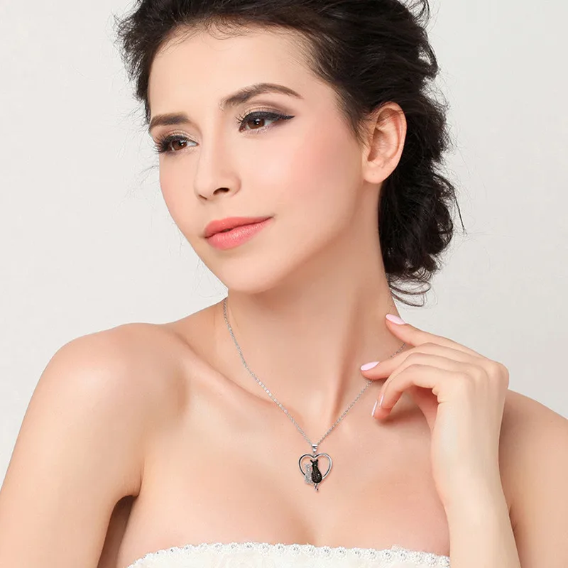 

BESTLYBUY Genuine 925 Sterling Silver Heart Necklace White Black Cubic Zirconia Two Cat Necklaces Valentine's Gift For Women