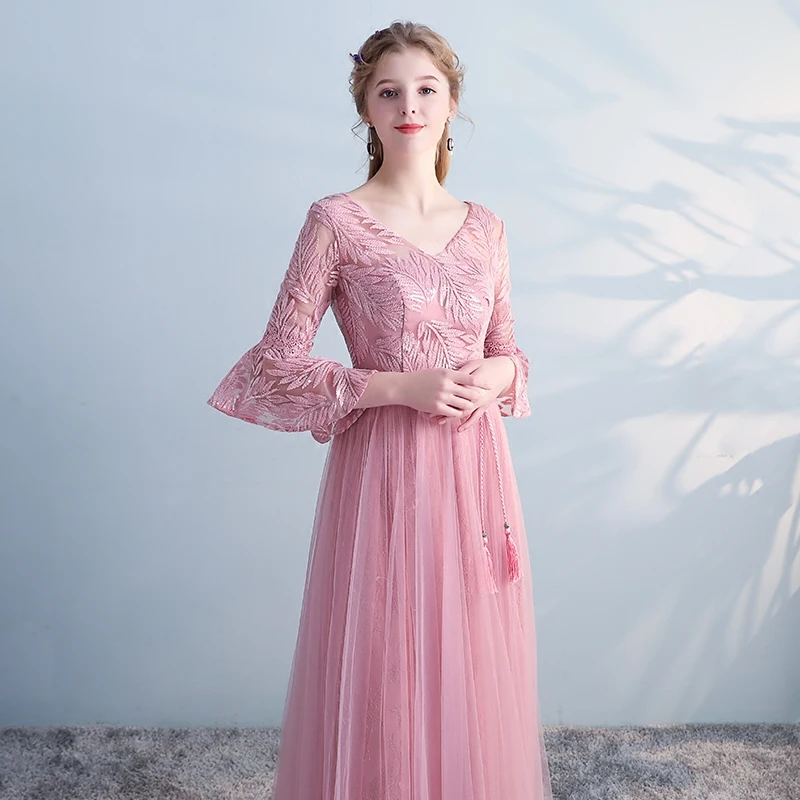 He's Bride Flare Sleeves Lace Up Back Floor-Length Pink Evening Dress Custom Party Gown Vestidos De Fiesta Vestido Noche | Свадьбы и